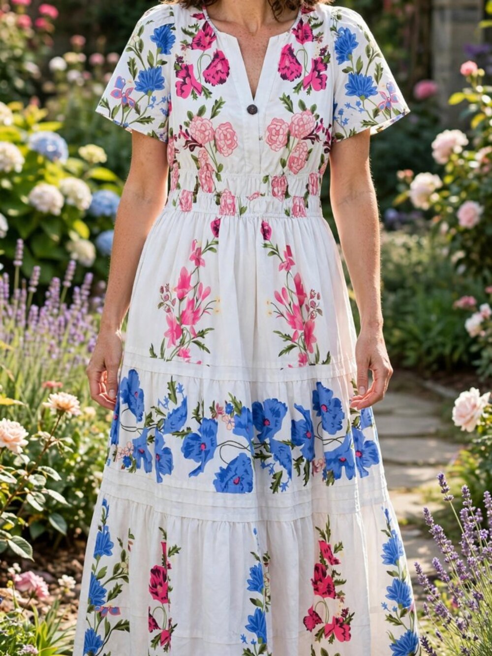 NWOT Anthropologie White Floral Tiered Midi Dress SP